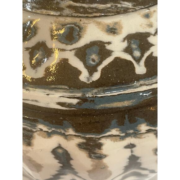 Hand Thrown Carved Agateware Pottery 8.25" Vase Blue Brown Cream Clay - Picture 6 of 13